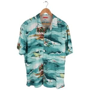 Tommy Bahama Relax Shirt Mens Large Blue Hawaiian Surf Print Island Modern Fit